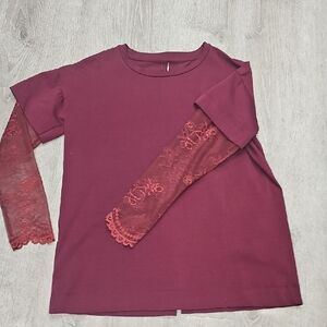 Girls' Burgundy Lace-Sleeve Long Sleeve Top